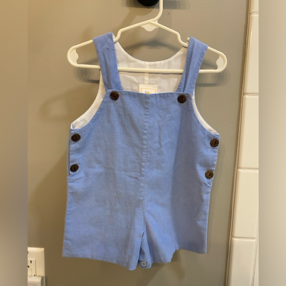 Stitchy Fish Blue Corduroy Romper Overalls / Size 6m / VGUC